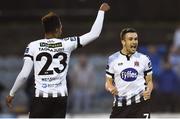 21 May 2018; Marco Tagbajumi of Dundalk, left, celebrates scoring his side's second goal with teammate Michael Duffy during the SSE Airtricity League Premier Division match between Dundalk and Waterford at Oriel Park in Dundalk. Photo by Ben McShane/Sportsfile