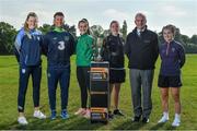 22 May 2018; Erica Turner, left, of UCD Waves, with, from left to right, Republic of Ireland Women's head coach Colin Bell, Niamh Farrelly of Peamount United, Claire O'Riordan of Wexford Youths, Tom Dennigan of Continental Tyres Group and Aislinn Meaney of Galway WFC in attendance at the Continental Tyres WNL Cup Semi-Final Draw at FAI HQ in Abbotstown, Dublin. Photo by Harry Murphy/Sportsfile