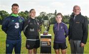22 May 2018; Republic of Ireland Women's head coach Colin Bell, left, with, from left, Claire O'Riordan of Wexford Youths, Aislinn Meaney of Galway WFC and Tom Dennigan of Continental Tyres Group  in attendance at the Continental Tyres WNL Cup Semi-Final Draw at FAI HQ in Abbotstown, Dublin. Photo by Harry Murphy/Sportsfile