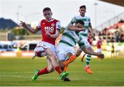 22 May 2018; Thomas Byrne of St Patrick's Athletic in action against Roberto Lopes of Shamrock Rovers during the SSE Airtricity League Premier Division match between Shamrock Rovers and St Patrick's Athletic at Tallaght Stadium in Dublin. Photo by Seb Daly/Sportsfile