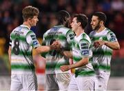22 May 2018; Shamrock Rovers players, from left, Ronan Finn, Dan Carr, Joel Coustrain and Roberto Lopes congratulate each other following their side's victory during the SSE Airtricity League Premier Division match between Shamrock Rovers and St Patrick's Athletic at Tallaght Stadium in Dublin. Photo by Seb Daly/Sportsfile