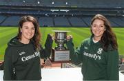 23 May 2018; The James Connolly’s Ladies Football Team from Charlotte, North Carolina, USA, pictured on an historic visit to Croke Park. The Charlotte Ladies are the current North American Senior Ladies Football Champions. The team consists of all American born players, except for two Irish-born girls who work and reside in Charlotte. The team’s underdog story has captured the attention of the GAA world in the US, and a film documentary is being made about their story. Pictured are the two Irish born players, Aoife Kavanagh, left, from Roundwood, Co Wicklow, and Caitríona O'Shaughnessy, from Ashbourne, Co Meath, with the North American Board Ladies Senior Football Championship cup. Croke Park, Dublin. Photo by Piaras Ó Mídheach/Sportsfile