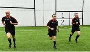 20 May 2018; Officials from left, Standby Referee Cormac Reilly, Referee David Coldrick, and Linesman James Molloy warm up prior to the Ulster GAA Football Senior Championship Quarter-Final match between Tyrone and Monaghan at Healy Park in Tyrone. Photo by Oliver McVeigh/Sportsfile