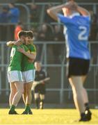 23 May 2018; Mathew Costello, left, and Joe Moore of Meath celebrate their victory at the end of the game as a dejected Josh Bannon of Dublin walks from the field after the Electric Ireland Leinster GAA Football Minor Championship Round 2 match between Meath and Dublin at Páirc Tailteann in Navan, Co Meath. Photo by Barry Cregg/Sportsfile