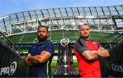 25 May 2018; Leinster captain Isa Nacewa, left, and Scarlets captain Ken Owens ahead of the Guinness PRO14 Final between Leinster and Scarlets at the Aviva Stadium in Dublin. Photo by Ramsey Cardy/Sportsfile