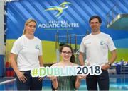 25 May 2018; Mayo Ladies Gaelic Football legend, Cora Staunton, and RTÉ broadcaster, Paul O’Flynn, were unveiled as ambassadors for the World Para Swimming Allianz European Championships which are due to be held in Dublin this August. Cora and Paul will now join Gordon D’Arcy, Jessie Barr, Niall Quinn, Amber Barrett, Rory O’Connor (Rory’s Stories) and Claire Bergin in the 50m Ambassdor challenge race. Pictured are from left, Mayo Ladies Gaelic Football legend, Cora Staunton, Paralympic swimmer Ailbhe Kelly and RTÉ broadcaster, Paul O’Flynn. National Aquatic Centre in Abbotstown, Dublin. Photo by Piaras Ó Mídheach/Sportsfile
