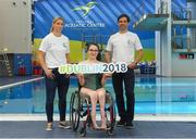 25 May 2018; Mayo Ladies Gaelic Football legend, Cora Staunton, and RTÉ broadcaster, Paul O’Flynn, were unveiled as ambassadors for the World Para Swimming Allianz European Championships which are due to be held in Dublin this August. Cora and Paul will now join Gordon D’Arcy, Jessie Barr, Niall Quinn, Amber Barrett, Rory O’Connor (Rory’s Stories) and Claire Bergin in the 50m Ambassdor challenge race. Pictured are from left, Mayo Ladies Gaelic Football legend, Cora Staunton, Paralympic swimmer Ailbhe Kelly and RTÉ broadcaster, Paul O’Flynn. National Aquatic Centre in Abbotstown, Dublin. Photo by Piaras Ó Mídheach/Sportsfile