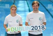25 May 2018; Mayo Ladies Gaelic Football legend, Cora Staunton, and RTÉ broadcaster, Paul O’Flynn, were unveiled as ambassadors for the World Para Swimming Allianz European Championships which are due to be held in Dublin this August. Cora and Paul will now join Gordon D’Arcy, Jessie Barr, Niall Quinn, Amber Barrett, Rory O’Connor (Rory’s Stories) and Claire Bergin in the 50m Ambassdor challenge race. Pictured is Mayo Ladies Gaelic Football legend, Cora Staunton, and RTÉ broadcaster, Paul O’Flynn. National Aquatic Centre in Abbotstown, Dublin. Photo by Piaras Ó Mídheach/Sportsfile