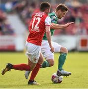 25 May 2018; Colm Horgan of Cork City in action against James Doona of St Patrick's Athletic during the SSE Airtricity League Premier Division match between St Patrick's Athletic and Cork City at Richmond Park in Dublin. Photo by David Fitzgerald/Sportsfile