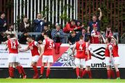 25 May 2018; Conan Byrne of St Patrick's Athletic celebrates after scoring his side's first goal with supporters and team mates during the SSE Airtricity League Premier Division match between St Patrick's Athletic and Cork City at Richmond Park in Dublin. Photo by David Fitzgerald/Sportsfile