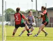 26 May 2018; Sinead Deeagn of AIB, Dublin, in action against Kelly O'Neill, left, and Maura Reid of St Kevins Community College, Co. Wicklow, during the LGFA Interfirms Blitz 2018 at Naomh Mearnóg GAA Club, Portmarnock, Dublin. This year seven companies competed for the top prize, while nine teams signed up to take part in a recreational blitz. Photo by Seb Daly/Sportsfile