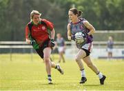 26 May 2018; Sinead Deeagn of AIB, Dublin, in action against Maura Reid of St Kevins Community College, Co. Wicklow, during the LGFA Interfirms Blitz 2018 at Naomh Mearnóg GAA Club, Portmarnock, Dublin. This year seven companies competed for the top prize, while nine teams signed up to take part in a recreational blitz. Photo by Seb Daly/Sportsfile