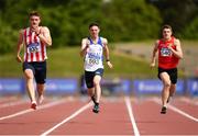 26 May 2018; Shane Aston of Trim A.C., Co. Meath, left, Brian Flynn of Lusk A.C., Co. Dublin and Tadhg Murtagh of Kildare A.C., Co. Kildare competing in the 100m as part of the Senior Men Multi Events during the Irish Life Health Combined Events Day 1 at Morton Stadium, in Santry, Dublin.  Photo by Harry Murphy/Sportsfile
