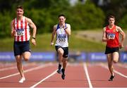 26 May 2018; Shane Aston of Trim A.C., Co. Meath, left, Brian Flynn of Lusk A.C., Co. Dublin and Tadhg Murtagh of Kildare A.C., Co. Kildare competing in the 100m as part of the Senior Men Multi Events during the Irish Life Health Combined Events Day 1 at Morton Stadium, in Santry, Dublin.  Photo by Harry Murphy/Sportsfile