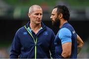 26 May 2018; Leinster senior coach Stuart Lancaster in conversation with Isa Nacewa ahead of the Guinness PRO14 Final between Leinster and Scarlets at the Aviva Stadium in Dublin. Photo by Ramsey Cardy/Sportsfile