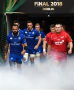 26 May 2018; Team captains Isa Nacewa of Leinster and Ken Owens of Scarlets lead their sides out ahead of the Guinness PRO14 Final between Leinster and Scarlets at the Aviva Stadium in Dublin. Photo by Ramsey Cardy/Sportsfile