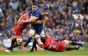 26 May 2018; James Ryan of Leinster is tackled by Lewis Rawlins, left, and Aaron Shingler of Scarlets during the Guinness PRO14 Final between Leinster and Scarlets at the Aviva Stadium in Dublin. Photo by Ramsey Cardy/Sportsfile