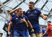 26 May 2018; Sean Cronin of Leinster celebrates with Jack Conan, right, after scoring his side's third try during the Guinness PRO14 Final between Leinster and Scarlets at the Aviva Stadium in Dublin. Photo by Ramsey Cardy/Sportsfile