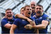26 May 2018; Sean Cronin of Leinster celebrates with team-mates, from left, Tadhg Furlong, Jordan Larmour, Devin Toner and Jack Conan  after scoring his side's third try during the Guinness PRO14 Final between Leinster and Scarlets at the Aviva Stadium in Dublin. Photo by Ramsey Cardy/Sportsfile