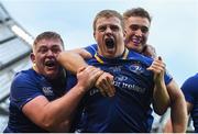 26 May 2018; Sean Cronin of Leinster celebrates with team-mates, from left, Tadhg Furlong and Jordan Larmour after scoring his side's third try during the Guinness PRO14 Final between Leinster and Scarlets at the Aviva Stadium in Dublin. Photo by Ramsey Cardy/Sportsfile