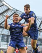 26 May 2018; Jordan Larmour of Leinster celebrates with team-mate Garry Ringrose after scoring his side's fourth try during the Guinness PRO14 Final between Leinster and Scarlets at the Aviva Stadium in Dublin. Photo by Ramsey Cardy/Sportsfile