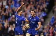 26 May 2018; Jack Conan of Leinster celebrates with team-mate Rob Kearney, left, after scoring his side's fifth try during the Guinness PRO14 Final between Leinster and Scarlets at the Aviva Stadium in Dublin. Photo by Ramsey Cardy/Sportsfile