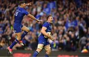 26 May 2018; Jack Conan of Leinster celebrates with team-mate Rob Kearney, left, after scoring his side's fifth try during the Guinness PRO14 Final between Leinster and Scarlets at the Aviva Stadium in Dublin. Photo by Ramsey Cardy/Sportsfile