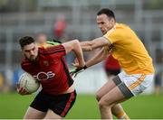 26 May 2018; Connaire Harrison of Down in action against Ricky Johnston of Antrim during the Ulster GAA Football Senior Championship Quarter-Final match between Down and Antrim at Pairc Esler in Newry, Down. Photo by Oliver McVeigh/Sportsfile