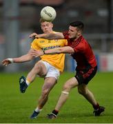 26 May 2018; Peter Healy of Antrim is blocked down bt Niall McParland of Down during the Ulster GAA Football Senior Championship Quarter-Final match between Down and Antrim at Pairc Esler in Newry, Down. Photo by Oliver McVeigh/Sportsfile