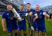 26 May 2018; Tadhg Furlong, left, Rob Kearney, Jonathan Sexton and Jack McGrath celebrate with the Guinness PRO14 trophy and Champions Cup following the Guinness PRO14 Final match between Leinster and Scarlets at the Aviva Stadium in Dublin. Photo by Ramsey Cardy/Sportsfile