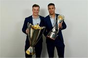 26 May 2018; Josh van der Flier, left, and Adam Byrne of Leinster with the Champions Cup and PRO14 trophies following the Guinness PRO14 Final between Leinster and Scarlets at the Aviva Stadium in Dublin. Photo by Ramsey Cardy/Sportsfile