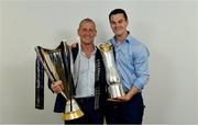 26 May 2018; Leinster senior coach Stuart Lancaster and Jonathan Sexton with the Champions Cup and PRO14 trophies following the Guinness PRO14 Final between Leinster and Scarlets at the Aviva Stadium in Dublin. Photo by Ramsey Cardy/Sportsfile
