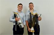 26 May 2018; Jordan Larmour, left, and Andrew Porter of Leinster with the Champions Cup and PRO14 trophies following the Guinness PRO14 Final between Leinster and Scarlets at the Aviva Stadium in Dublin. Photo by Ramsey Cardy/Sportsfile
