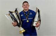 26 May 2018; Tadhg Furlong of Leinster with the Champions Cup and PRO14 trophies following the Guinness PRO14 Final between Leinster and Scarlets at the Aviva Stadium in Dublin. Photo by Ramsey Cardy/Sportsfile