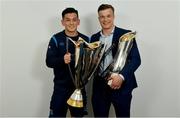 26 May 2018; Leinster sports scientist Peter Tierney and Josh van der Flier of Leinster with the Champions Cup and PRO14 trophies following the Guinness PRO14 Final between Leinster and Scarlets at the Aviva Stadium in Dublin. Photo by Ramsey Cardy/Sportsfile