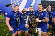 26 May 2018; Leinster players, from left, Tadhg Furlong, Jack McGrath, Cian Healy and Andrew Porter following their victory in the Guinness PRO14 Final between Leinster and Scarlets at the Aviva Stadium in Dublin. Photo by Ramsey Cardy/Sportsfile