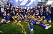 26 May 2018; The Leinster team celebrate with the Champions Cup and PRO14 trophies following their victory in the Guinness PRO14 Final between Leinster and Scarlets at the Aviva Stadium in Dublin. Photo by Ramsey Cardy/Sportsfile