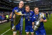 26 May 2018; Devin Toner, left, Jordi Murphy, centre, and Luke McGrath of Leinster following their victory in the Guinness PRO14 Final between Leinster and Scarlets at the Aviva Stadium in Dublin. Photo by Ramsey Cardy/Sportsfile