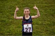 27 May 2018; Hazel Hughes, from Monaghan, celebrates after winning the 1200m Cross Country Final during Day 2 of the Aldi Community Games May Festival, which saw over 3,500 children take part in a fun-filled weekend at University of Limerick from 26th to 27th May. Photo by Diarmuid Greene/Sportsfile