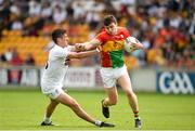27 May 2018; Ciaran Moran of Carlow in action against Eanna O'Connor of Kildare during the Leinster GAA Football Senior Championship Quarter-Final match between Carlow and Kildare at O'Connor Park in Tullamore, Offaly. Photo by Matt Browne/Sportsfile