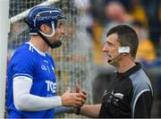 27 May 2018; Referee Paul O'Dwyer speaks to Stephen O'Keeffe of Waterford prior to the Munster GAA Hurling Senior Championship Round 2 match between Clare and Waterford at Cusack Park in Ennis, Co Clare. Photo by Ray McManus/Sportsfile