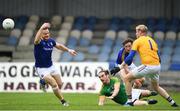27 May 2018; Cillian O'Sullivan of Meath in action against Donal McElligott, left, Daniel Mimnagh and Paddy Collum of Longford during the Leinster GAA Football Senior Championship Quarter-Final match between Longford and Meath at Glennon Brothers Pearse Park in Longford. Photo by Harry Murphy/Sportsfile