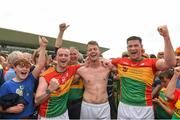 27 May 2018; Carlow players from left Cian Lawler, Paul Broderick and team captain John Murphy celebrate after the Leinster GAA Football Senior Championship Quarter-Final match between Carlow and Kildare at O'Connor Park in Tullamore, Offaly. Photo by Matt Browne/Sportsfile