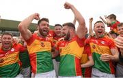 27 May 2018; Carlow players Shane Redmond and Daniel St Ledger celebrate with their team-mates after the Leinster GAA Football Senior Championship Quarter-Final match between Carlow and Kildare at O'Connor Park in Tullamore, Offaly. Photo by Matt Browne/Sportsfile