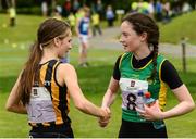 27 May 2018; Sophie Dolan, from Dunboyne, Co Meath, right, is congratulated by Danielle Griffin, from Glenmore - Tullogher - Rosbercon, Co. Kilkenny, after winning the Duathlon during Day 2 of the Aldi Community Games May Festival, which saw over 3,500 children take part in a fun-filled weekend at University of Limerick from 26th to 27th May. Photo by Diarmuid Greene/Sportsfile