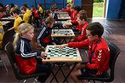 27 May 2018; Emer Callan, from Monaghan, left, and James Harrington, from Cork competing in the u10 draughts final during Day 2 of the Aldi Community Games May Festival, which saw over 3,500 children take part in a fun-filled weekend at University of Limerick from 26th to 27th May. Photo by Diarmuid Greene/Sportsfile