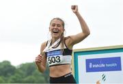 27 May 2018; Lara O'Byrne of Donore Harriers, Co Dublin, celebrates after she won the Junior Girls Multi Events during the Irish Life Health AAI Games and Combined Events Day 2 Combined Events at Morton Stadium in Santry, Dublin. Photo by David Fitzgerald/Sportsfile