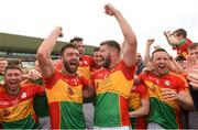 27 May 2018; Carlow players Shane Redmond and Daniel St Ledger celebrate with their team-mates after the Leinster GAA Football Senior Championship Quarter-Final match between Carlow and Kildare at O'Connor Park in Tullamore, Offaly. Photo by Matt Browne/Sportsfile