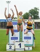 27 May 2018; The Senior Women Multi Events podium, from left, second place Laura Frey of Lagan Valley A.C., Co Antrim, first place Amy McTeggart of Boyne A.C., Co Louth and third place Karen Dunne of Bohermeen A.C., Co Meath, during the Irish Life Health AAI Games and Combined Events Day 2 Combined Events at Morton Stadium in Santry, Dublin. Photo by David Fitzgerald/Sportsfile