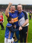 27 May 2018; Tipperary manager Michael Ryan celebrates with former Tipperary hurler Joe Hayes after the Munster GAA Hurling Senior Championship Round 2 match between Tipperary and Cork at Semple Stadium in Thurles, Tipperary. Photo by Daire Brennan/Sportsfile